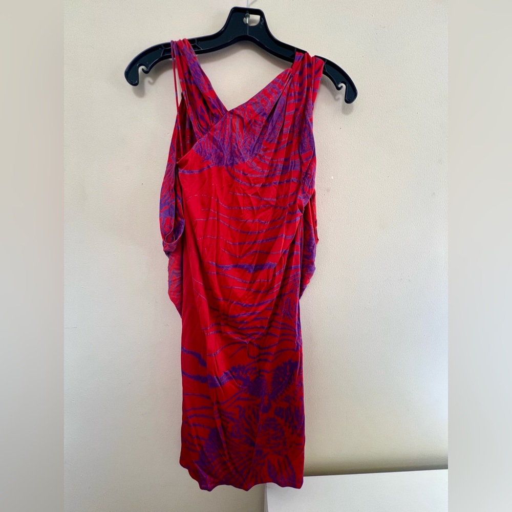 Halston Heritage Red and Purple Ruched One Shoulder Cocktail Dress